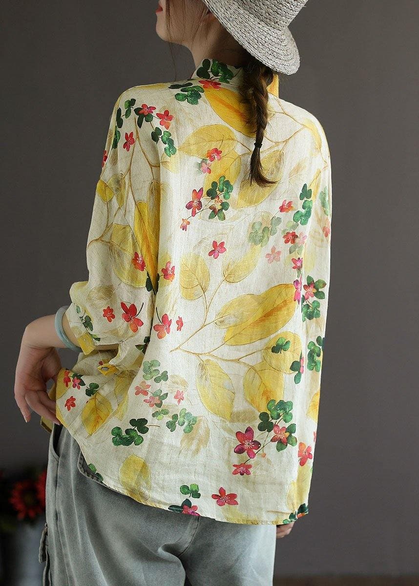 Elegant Print Peter Pan Collar Button Summer Linen Top Three Quarter Sleeve GK-HTP210810