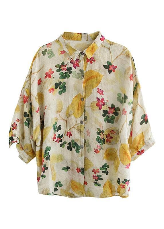 Elegant Print Peter Pan Collar Button Summer Linen Top Three Quarter Sleeve GK-HTP210810