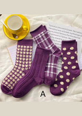 Elegant Purple Plaid Jacquard Cotton Mid Calf Socks dylinoshop