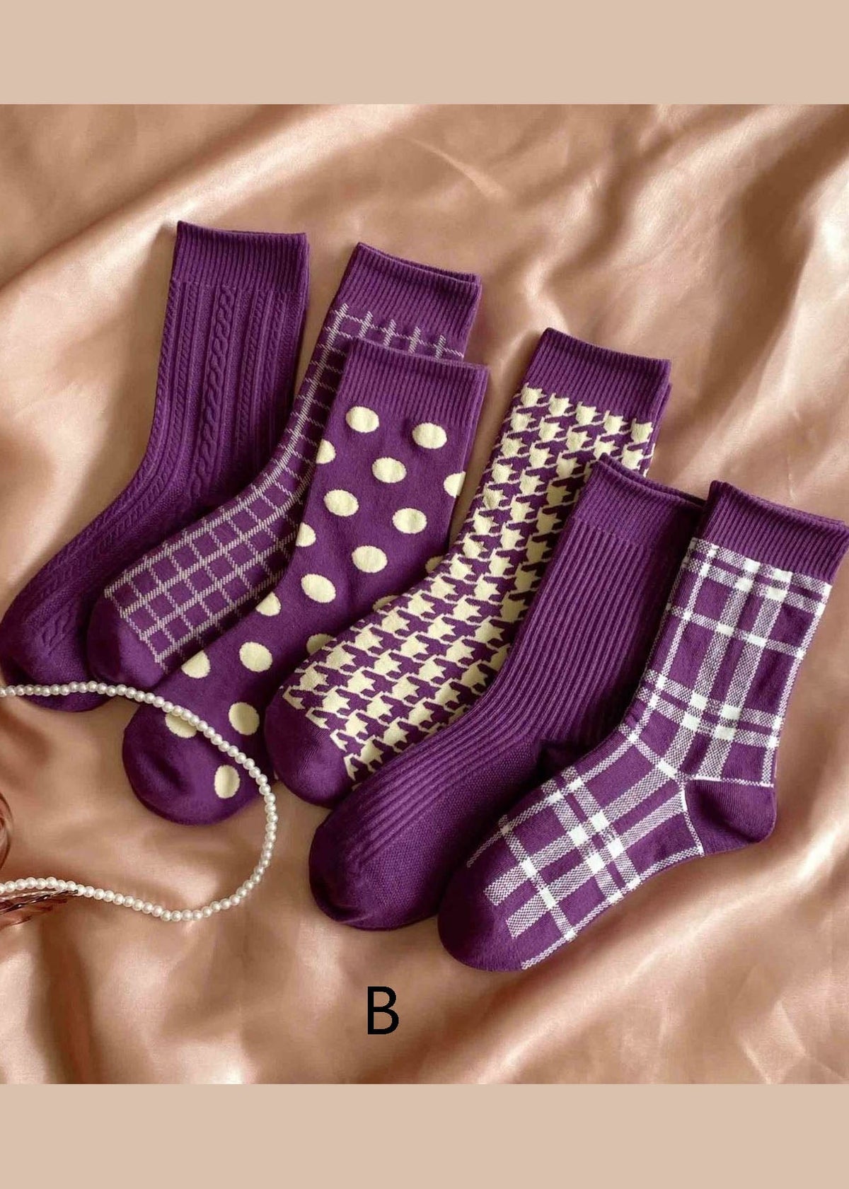 Elegant Purple Plaid Jacquard Cotton Mid Calf Socks dylinoshop