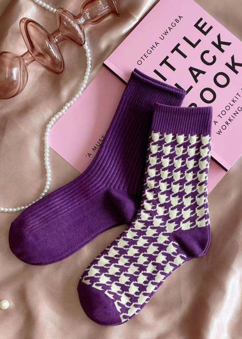 Elegant Purple Plaid Jacquard Cotton Mid Calf Socks dylinoshop