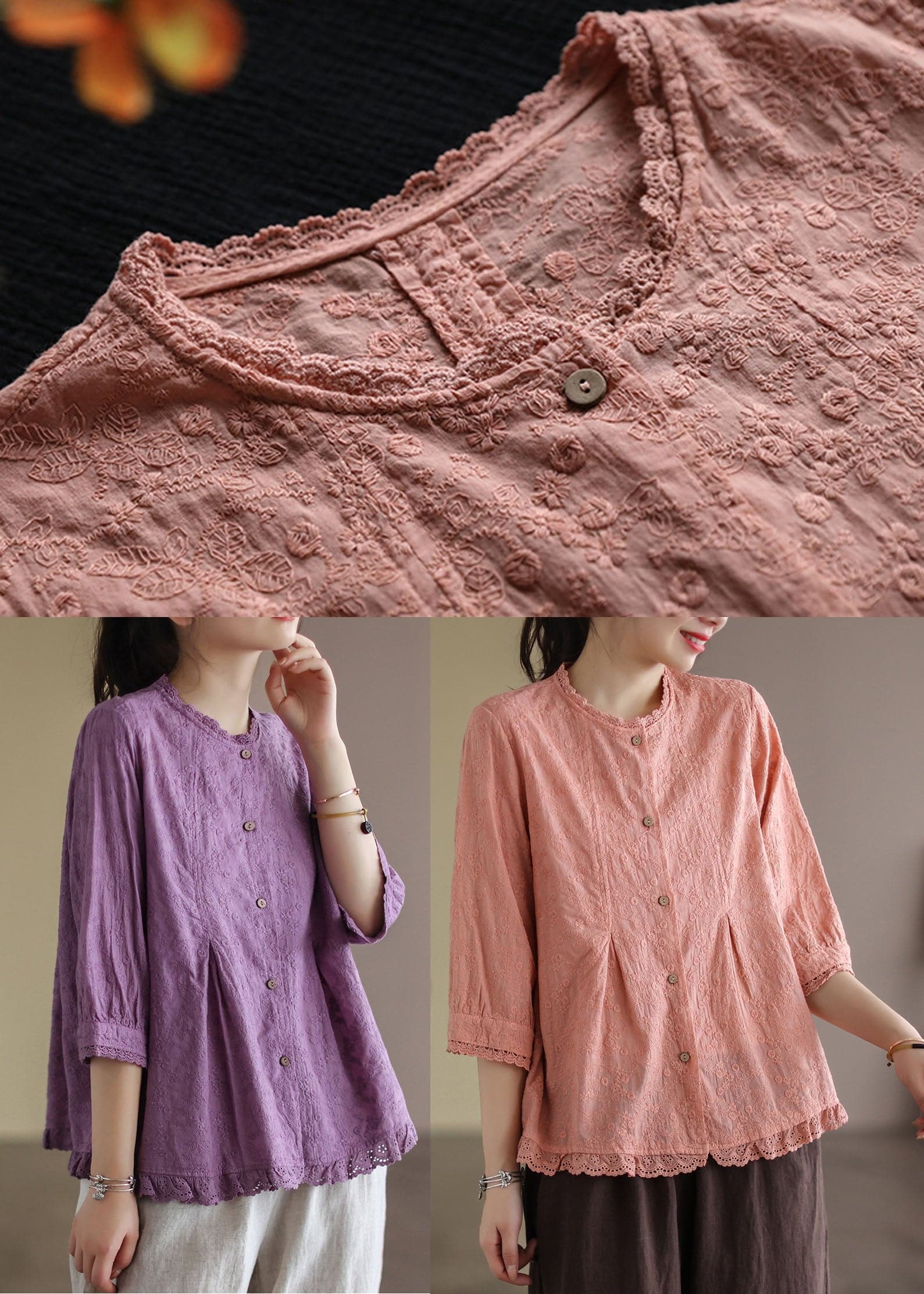 Elegant Purple Wrinkled Embroideried Linen Shirts Bracelet Sleeve GK-HTP220506