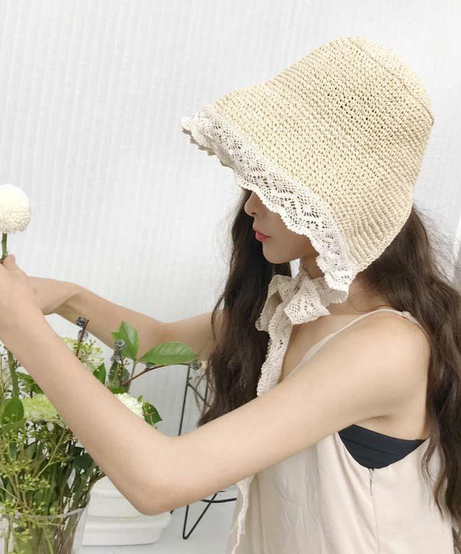 Elegant White Patchwork Lace Lace Up Straw Woven Floppy Sun Hat dylinoshop