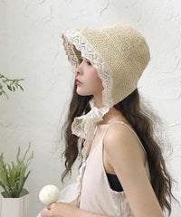 Elegant White Patchwork Lace Lace Up Straw Woven Floppy Sun Hat dylinoshop