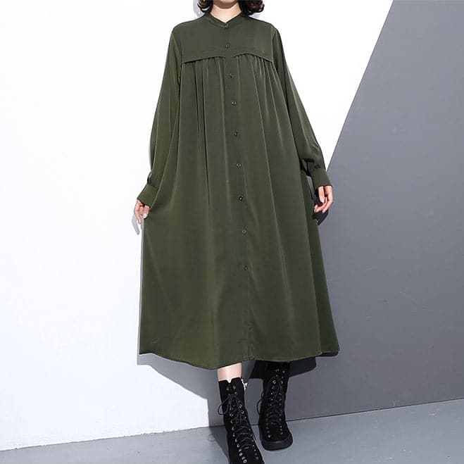 Elegant army green autumn silk cotton blended dress plus size stand collar silk cotton blended clothing dresses 2018 pockets Cinched long dresses AT-FDL180910