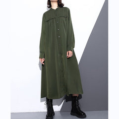 Elegant army green autumn silk cotton blended dress plus size stand collar silk cotton blended clothing dresses 2018 pockets Cinched long dresses AT-FDL180910