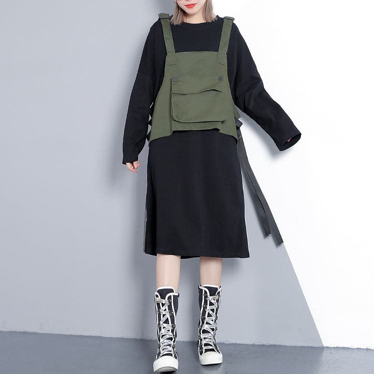 Elegant army green fall Loose fitting casual dress false two pieces 2018 O neck dress AT-FDM1809911