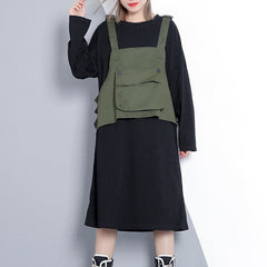 Elegant army green fall Loose fitting casual dress false two pieces 2018 O neck dress AT-FDM1809911