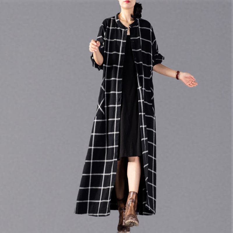 Elegant black Plaid maxi coat trendy plus size stand collar Winter boutique pockets coats TCT180925