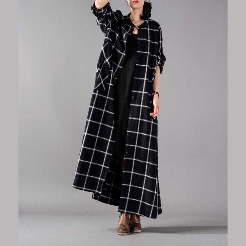 Elegant black Plaid maxi coat trendy plus size stand collar Winter boutique pockets coats TCT180925