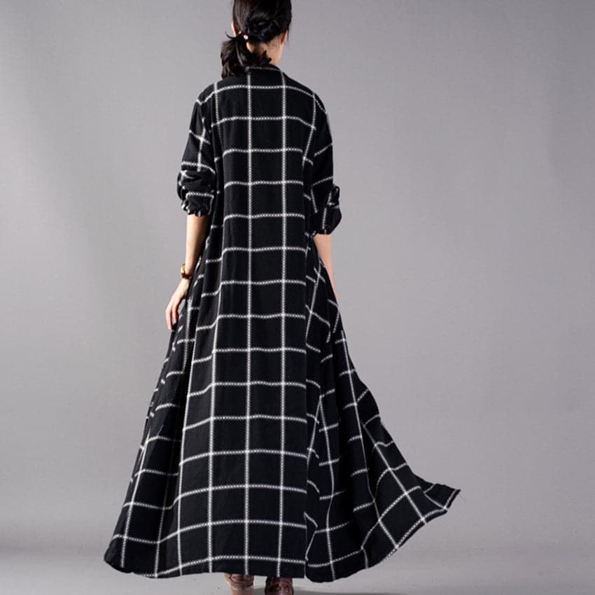 Elegant black Plaid maxi coat trendy plus size stand collar Winter boutique pockets coats TCT180925