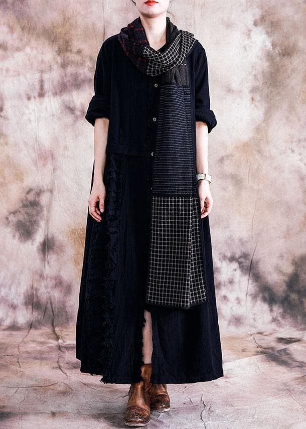 Elegant black cotton overcoat oversize trench coats fall linen outwear patchwork TCT190910