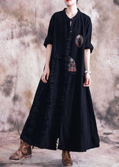 Elegant black cotton overcoat oversize trench coats fall linen outwear patchwork TCT190910