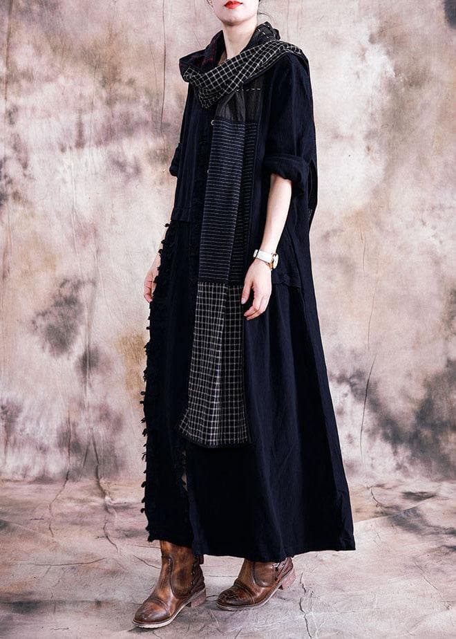 Elegant black cotton overcoat oversize trench coats fall linen outwear patchwork TCT190910