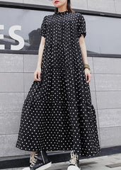 Elegant black dotted cotton clothes For Women stand collar exra large hem Maxi summer Dresses AT-SDL200617