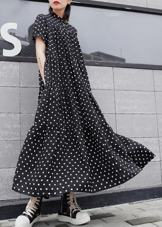 Elegant black dotted cotton clothes For Women stand collar exra large hem Maxi summer Dresses AT-SDL200617