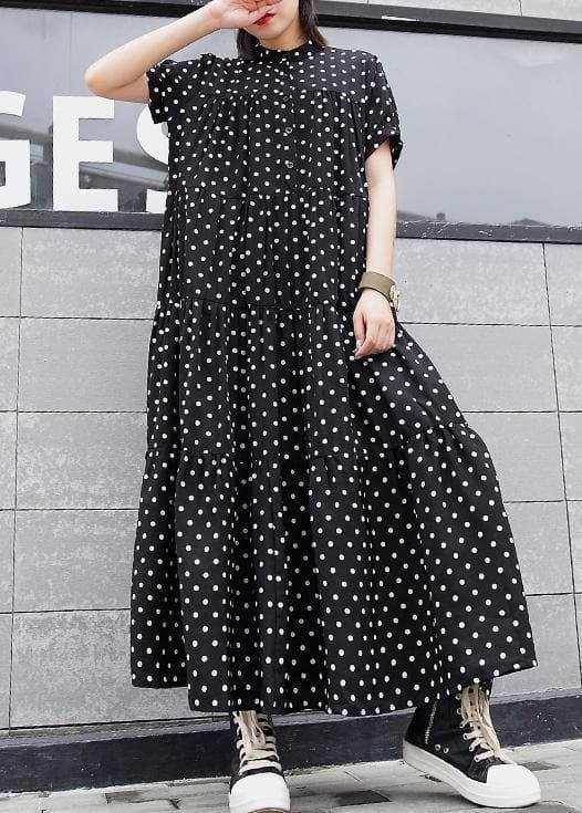 Elegant black dotted cotton clothes For Women stand collar exra large hem Maxi summer Dresses AT-SDL200617