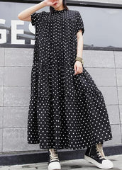 Elegant black dotted cotton clothes For Women stand collar exra large hem Maxi summer Dresses AT-SDL200617