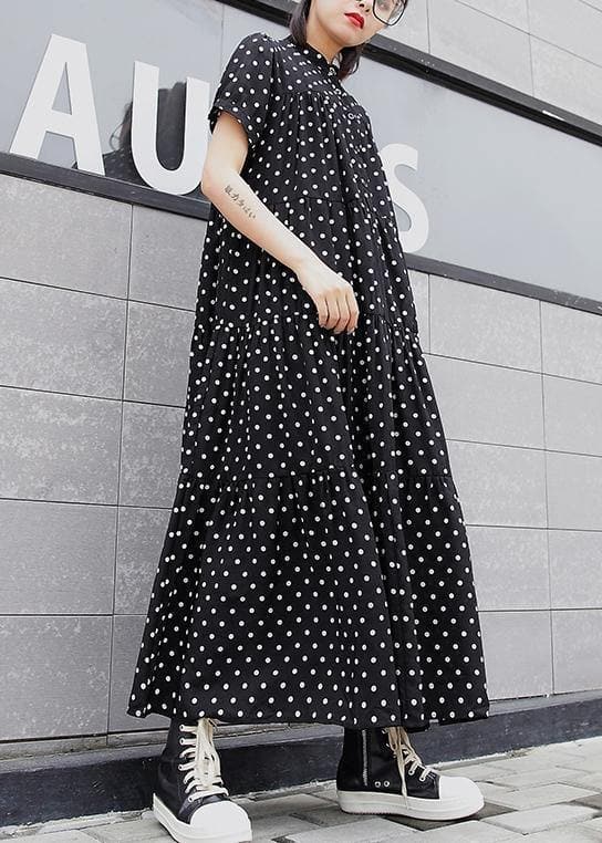 Elegant black dotted cotton clothes For Women stand collar exra large hem Maxi summer Dresses AT-SDL200617