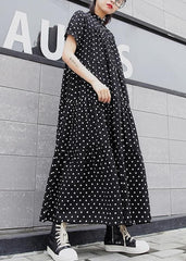 Elegant black dotted cotton clothes For Women stand collar exra large hem Maxi summer Dresses AT-SDL200617