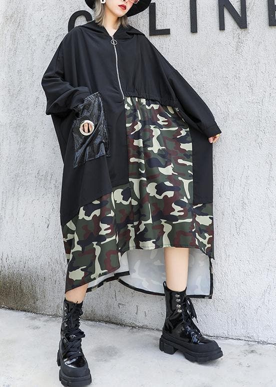 Elegant black patchwork camouflage hooded low high design cotton Dress AT-FDL191023