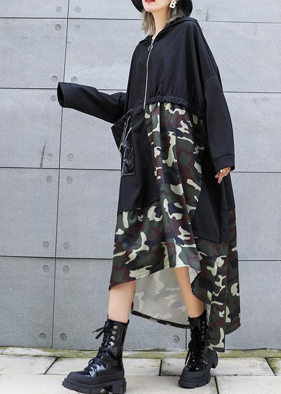 Elegant black patchwork camouflage hooded low high design cotton Dress AT-FDL191023