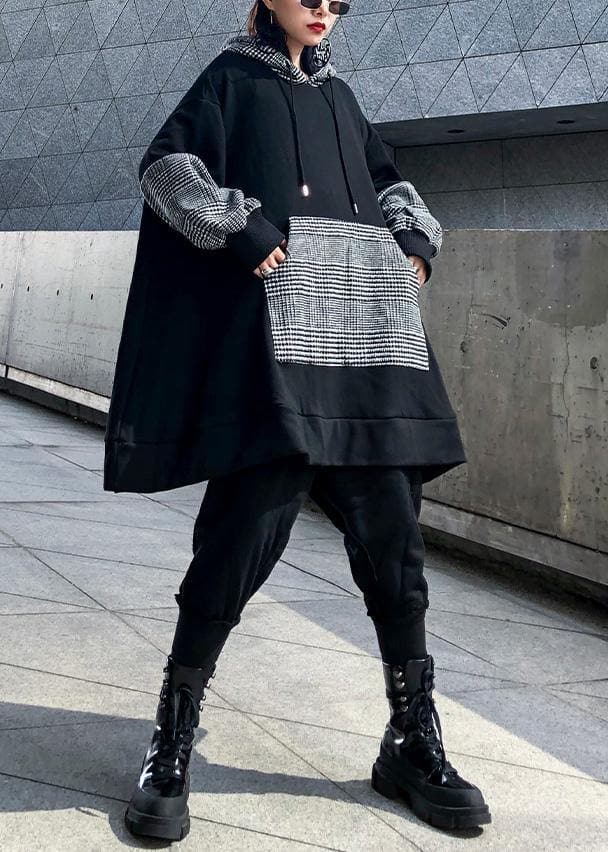 Elegant black patchwork cotton Tunic thick Dresses hooded top AT-LTP191101