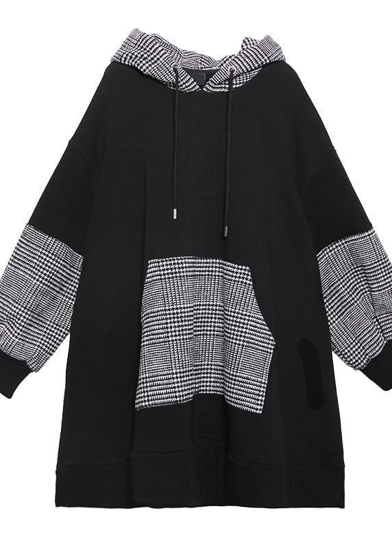 Elegant black patchwork cotton Tunic thick Dresses hooded top AT-LTP191101