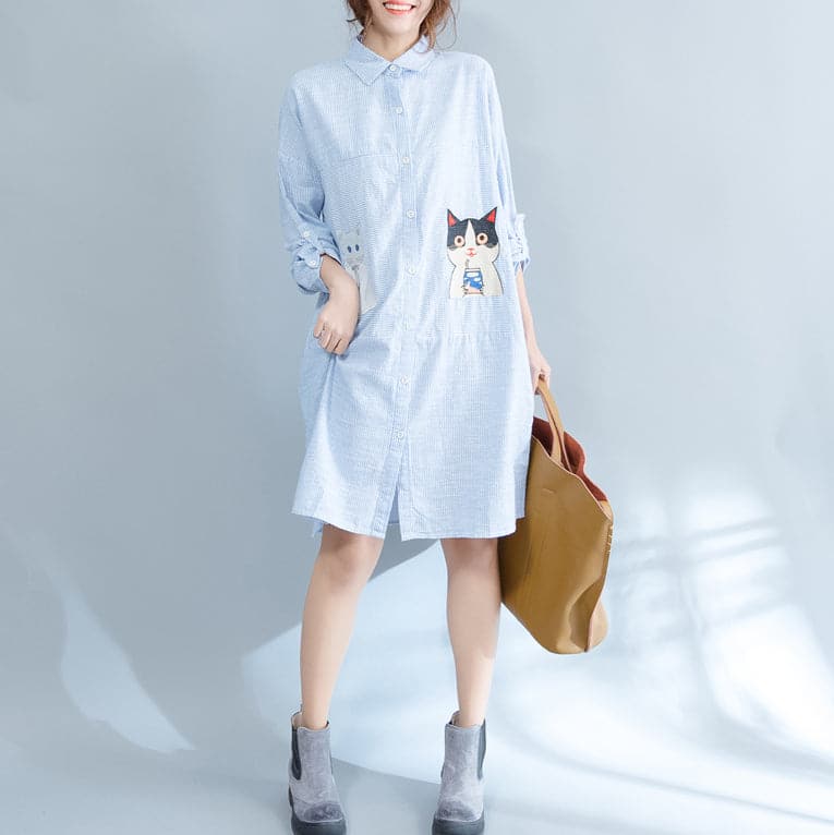 Elegant blue striped cotton knee dress Loose fitting traveling dress fine patchwork cats prints shirt dress AT-SDM180313