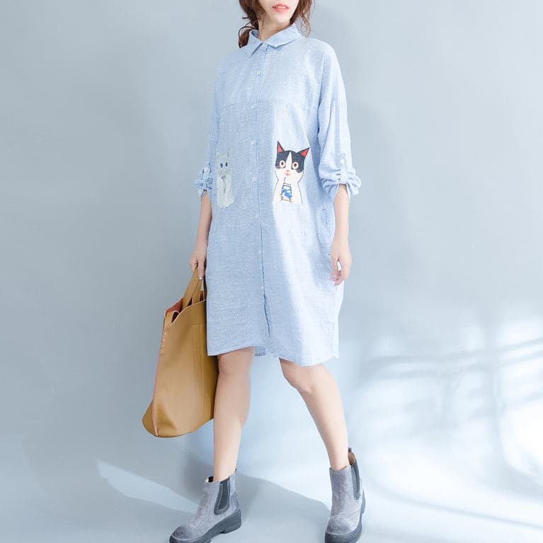 Elegant blue striped cotton knee dress Loose fitting traveling dress fine patchwork cats prints shirt dress AT-SDM180313