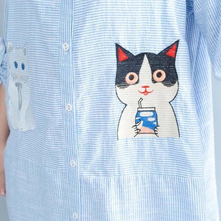 Elegant blue striped cotton knee dress Loose fitting traveling dress fine patchwork cats prints shirt dress AT-SDM180313