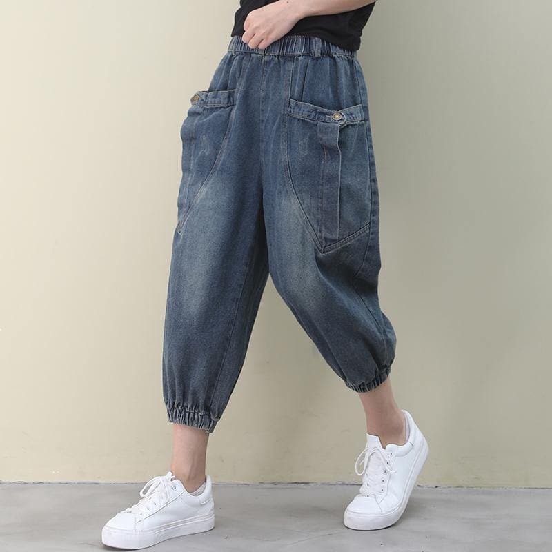 Elegant dark denim blue trousers  summer pockets Cotton shorts WG-LPTS200601