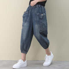 Elegant dark denim blue trousers  summer pockets Cotton shorts WG-LPTS200601