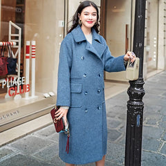 Elegant gray blue Wool Coat plus size Notched Fashion pockets double breasted Wool Coat TCT181016