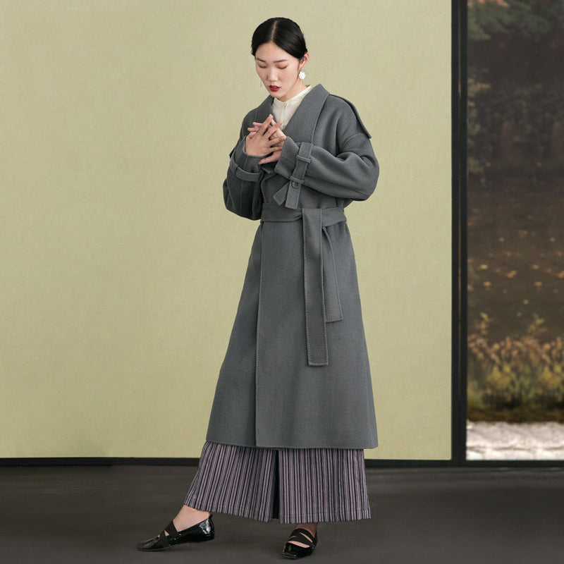 Elegant gray green woolen coats plus size clothing back open winter coat tie waist outwear TCT181116