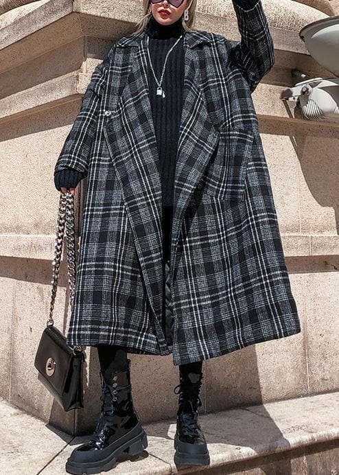 Elegant gray plaid Woolen Coat Women plus size Notched pockets long coats AT-TCT191023