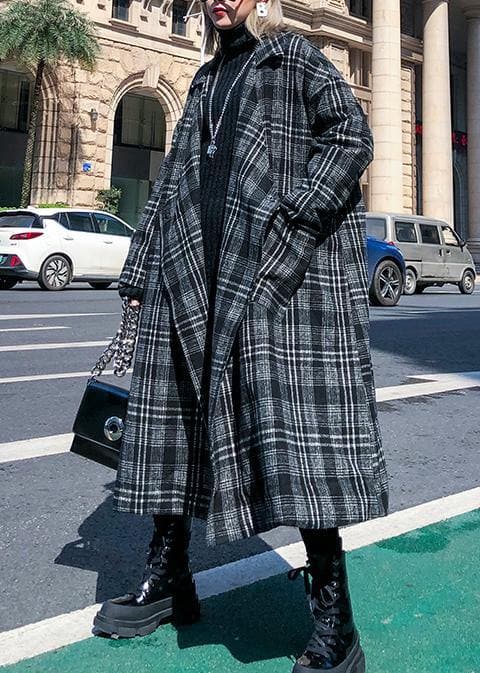 Elegant gray plaid Woolen Coat Women plus size Notched pockets long coats AT-TCT191023