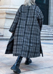 Elegant gray plaid Woolen Coat Women plus size Notched pockets long coats AT-TCT191023