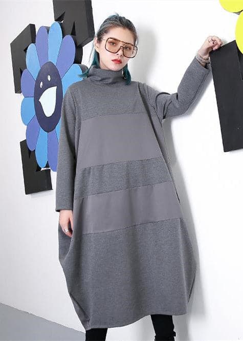 Elegant gray shift dress trendy plus size long sleeve New Turtleneck patchwork cotton blended clothing dress AT-FDL180917