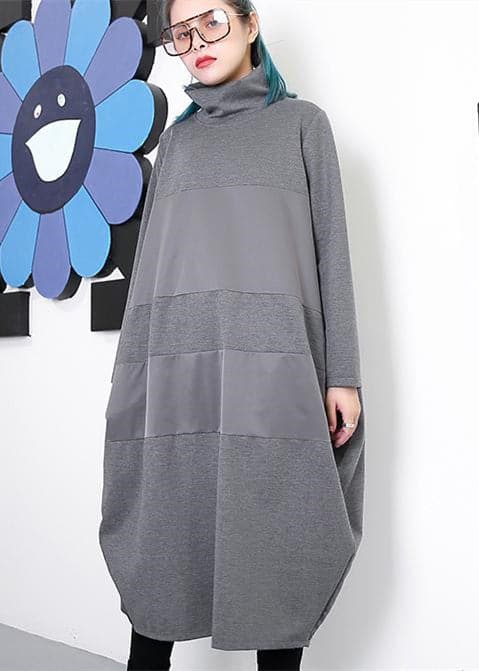 Elegant gray shift dress trendy plus size long sleeve New Turtleneck patchwork cotton blended clothing dress AT-FDL180917