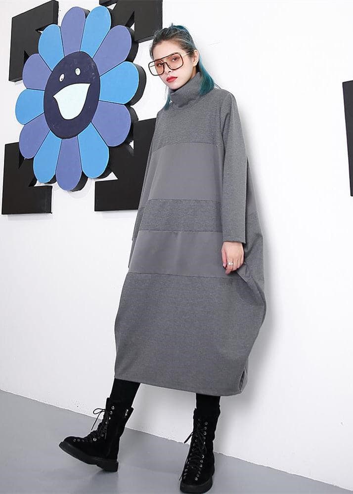 Elegant gray shift dress trendy plus size long sleeve New Turtleneck patchwork cotton blended clothing dress AT-FDL180917