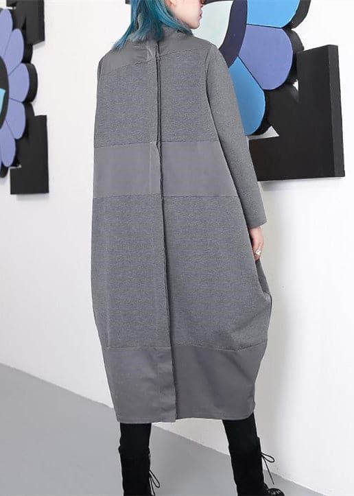 Elegant gray shift dress trendy plus size long sleeve New Turtleneck patchwork cotton blended clothing dress AT-FDL180917