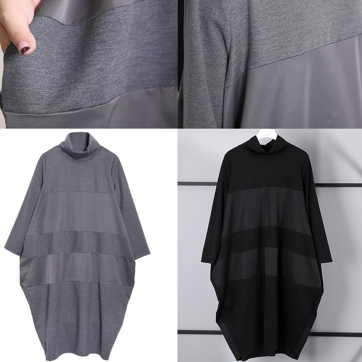 Elegant gray shift dress trendy plus size long sleeve New Turtleneck patchwork cotton blended clothing dress AT-FDL180917