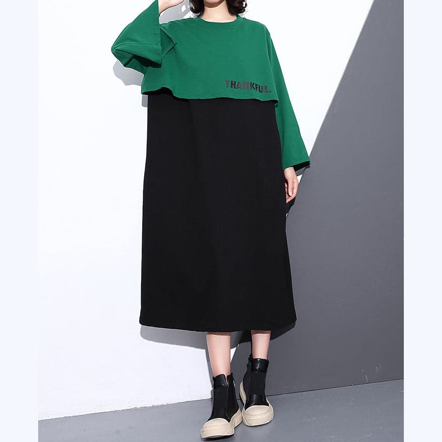 Elegant green autumn cotton dress oversized O neck gown New faux two pieces caftans AT-FDL180910