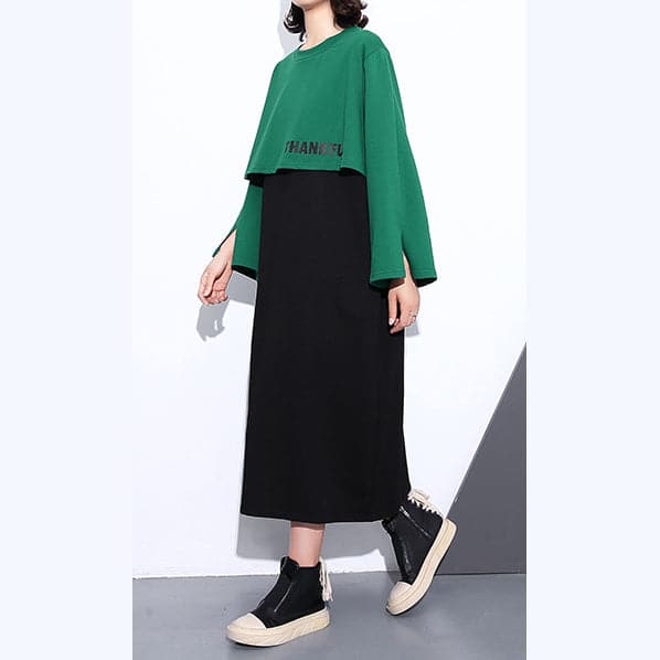 Elegant green autumn cotton dress oversized O neck gown New faux two pieces caftans AT-FDL180910