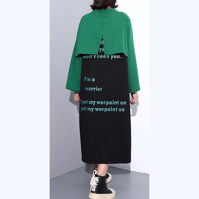 Elegant green autumn cotton dress oversized O neck gown New faux two pieces caftans AT-FDL180910