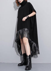 Elegant high neck tassel cotton Tunic Fabrics black Dresses AT-FDL191023