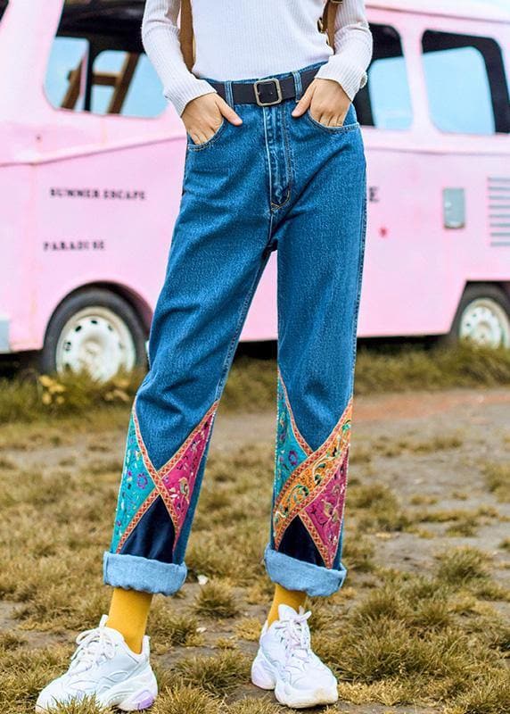 Elegant high waist pants fall fashion denim blue design patchwork pant LPTS191217