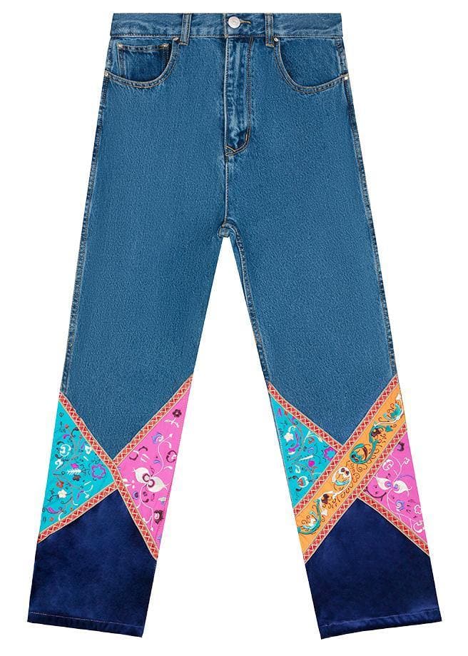 Elegant high waist pants fall fashion denim blue design patchwork pant LPTS191217