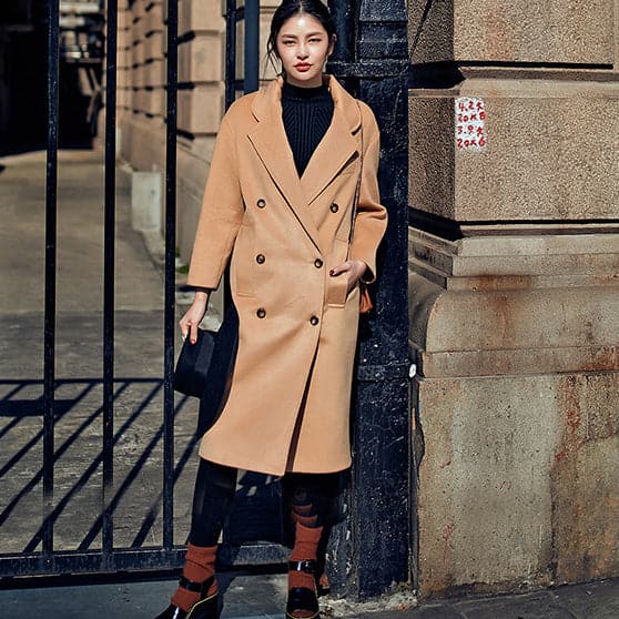 Elegant khaki Coats oversize Notched Wool Coat Fashion double breasted Wool Coat TCT181016